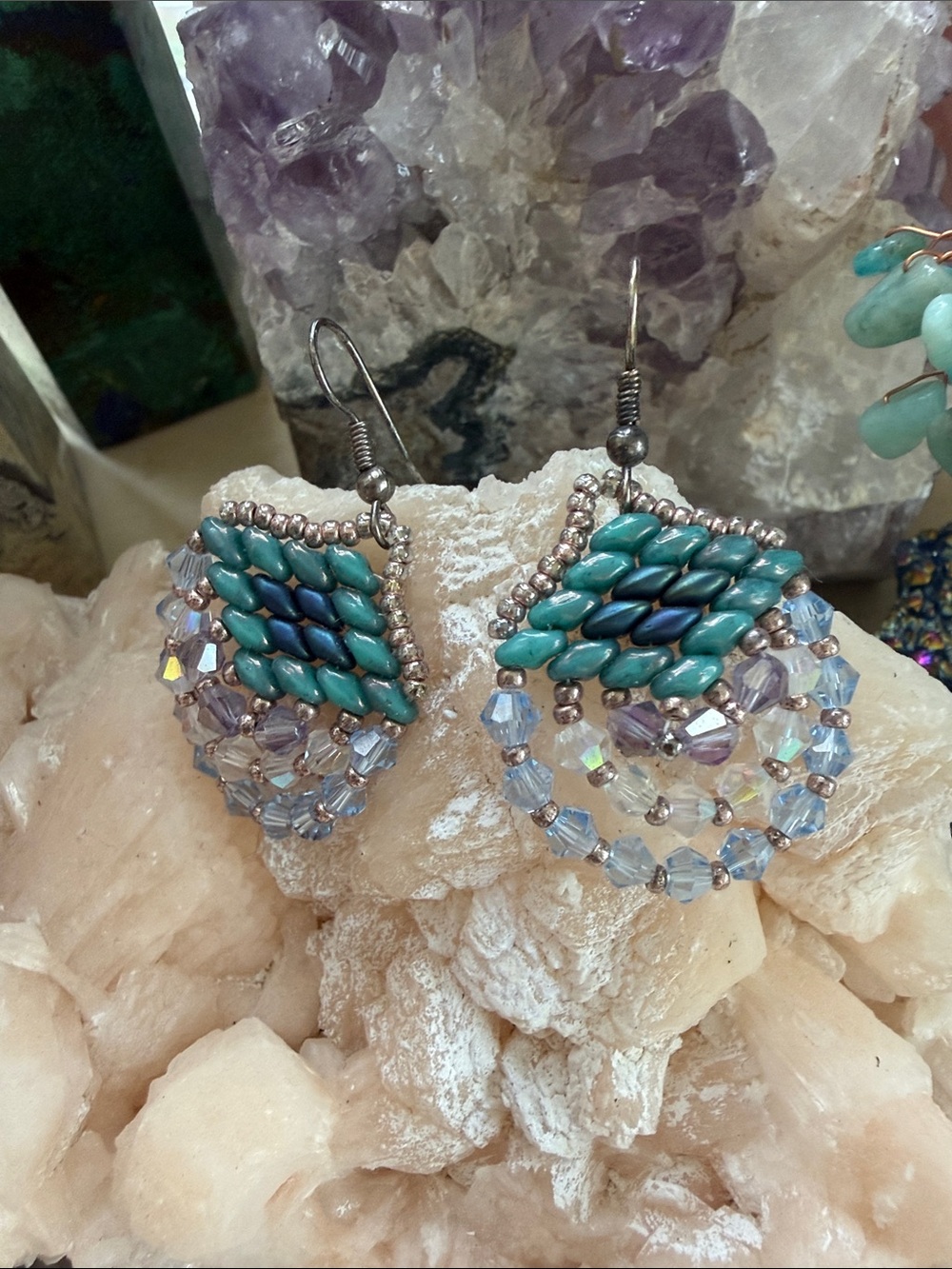 Handmade Turquoise Bead & Crystal Dangle Earrings - Women Jewelry